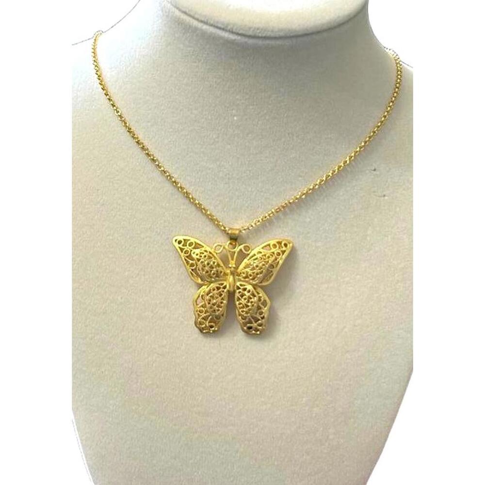 Vintage Butterfly Pendant Necklace | Gold-Tone Filigree Nature Inspired Jewelry